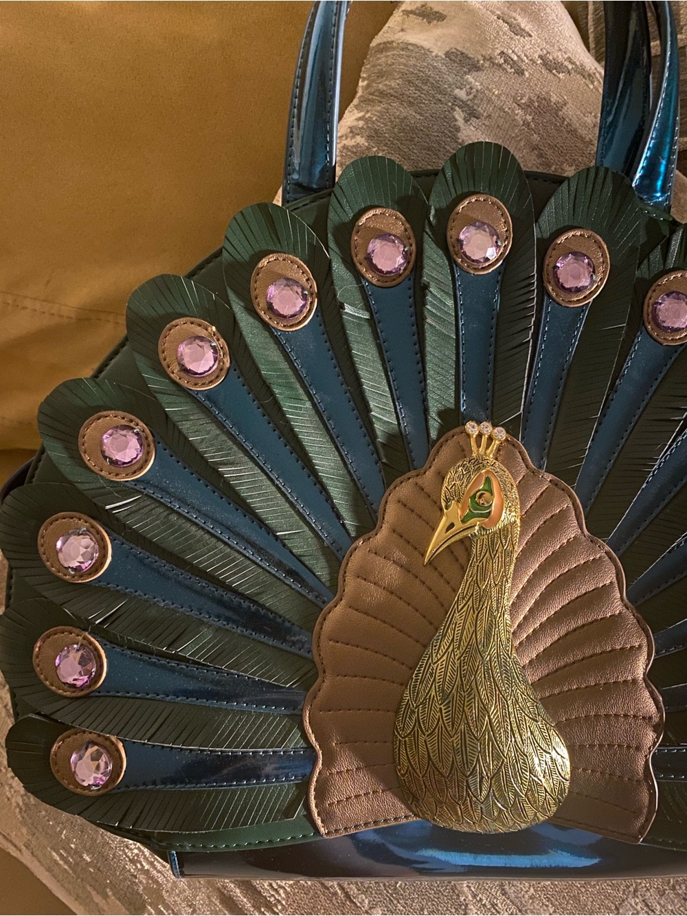 Metallic Green, Gold, Feather Peacock Crossbody Bag..